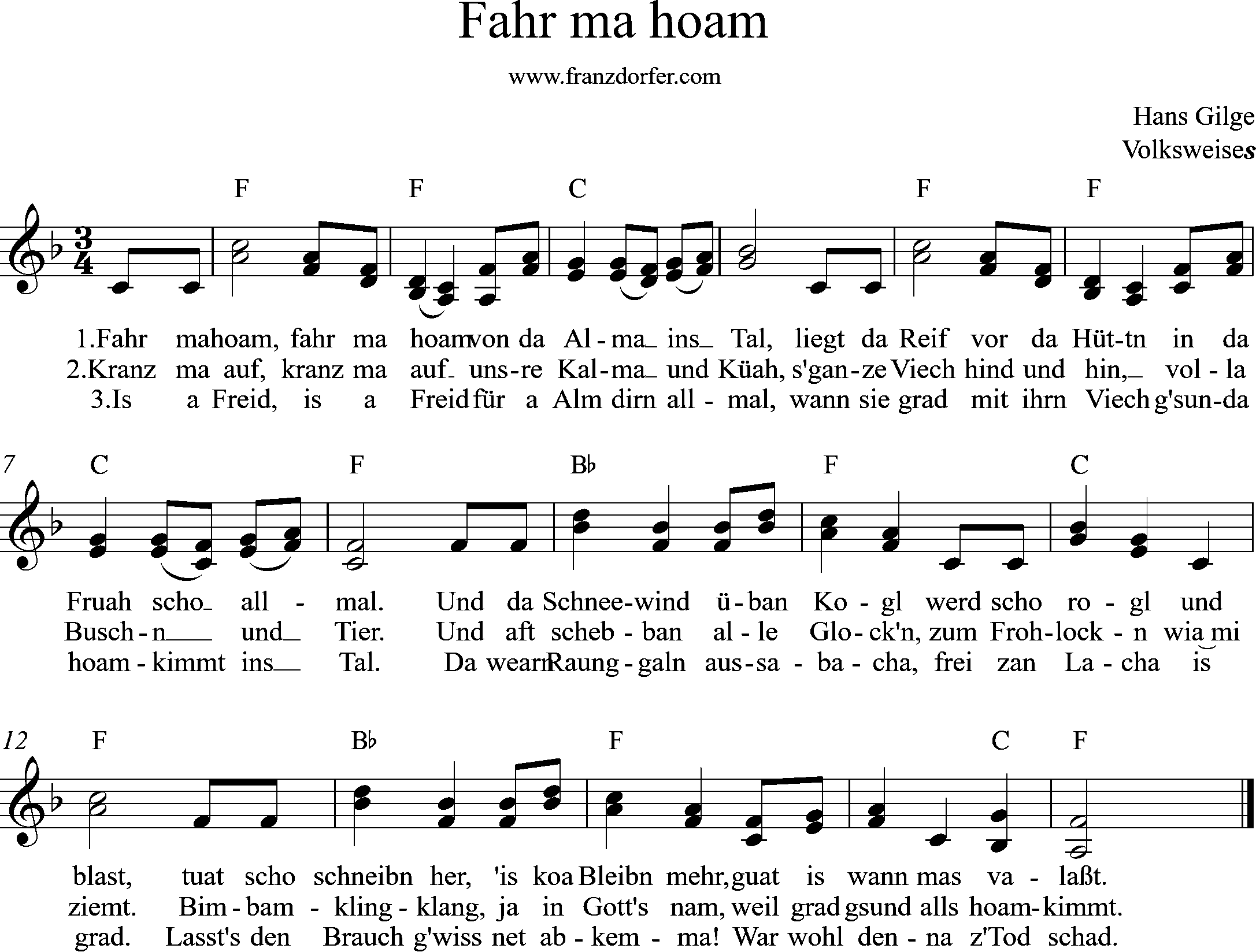 Akkordeonnoten- F-Dur, Fahr ma hoam